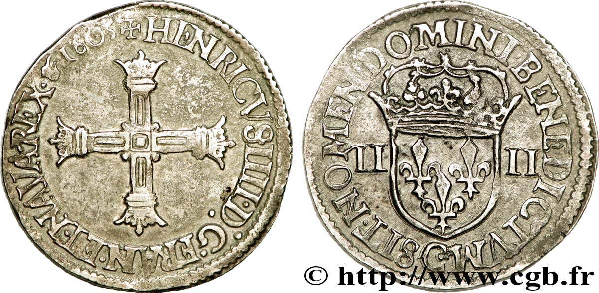 HENRI IV LE GRAND Quart d écu, croix bâtonnée et couronnée de face 1605 Saint-Lô TTB+
