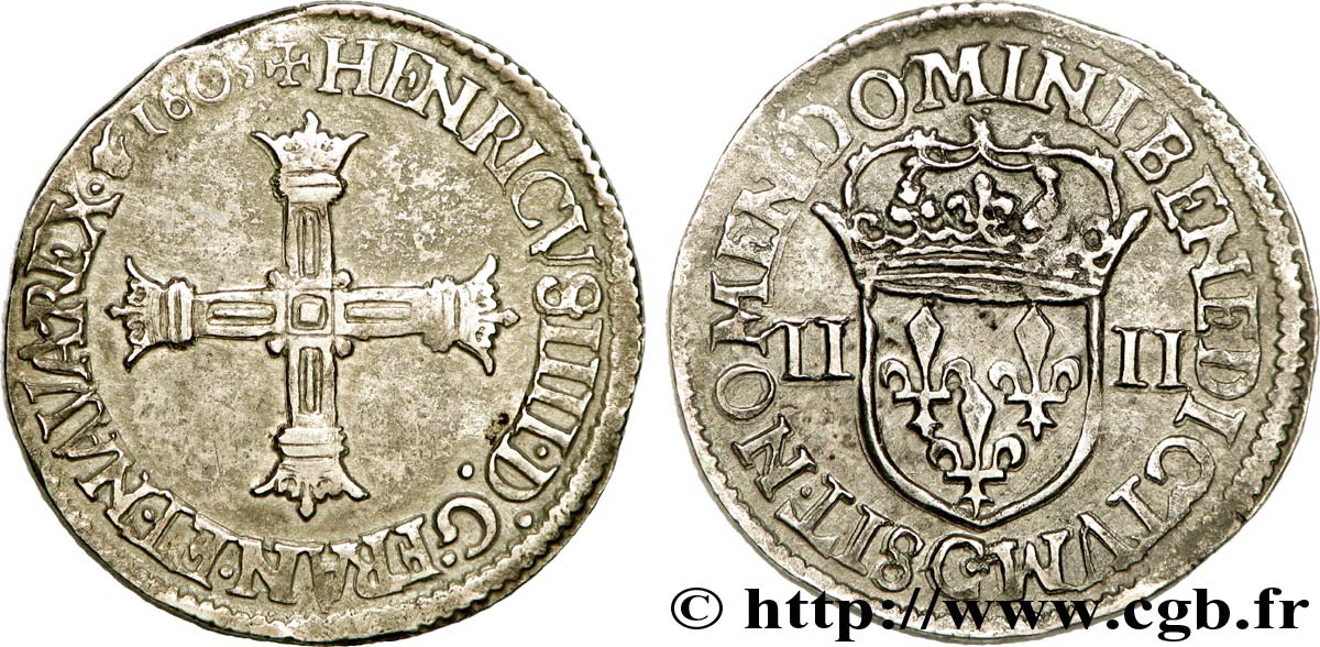 HENRY IV Quart d écu, croix bâtonnée et couronnée de face 1605 Saint-Lô MBC+