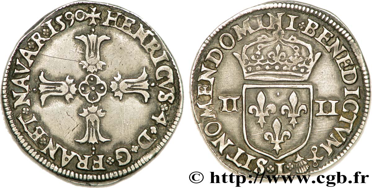 HENRY IV Quart d écu, croix feuillue de face 1590 Bayonne XF/AU