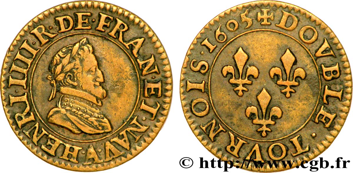 HENRI IV LE GRAND Double tournois, 1er type de Paris (légende française) 1605 Paris, Moulin des Étuves TTB+