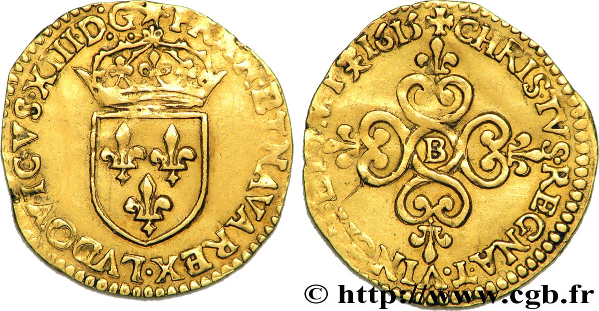 LOUIS XIII  Écu d or au soleil, à la croix anillée fleurdelisée 1615 Rouen q.SPL