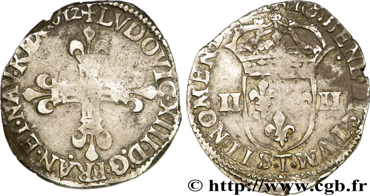 LOUIS XIII LE JUSTE Quart d écu, à la croix fleurdelisée, titulature côté croix 1612 Nantes TB+