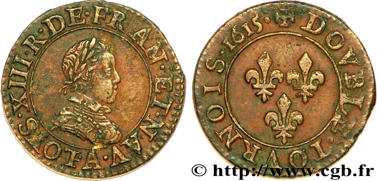 LOUIS XIII LE JUSTE Double tournois, type 1 1615 Paris, Moulin du Louvre TTB+