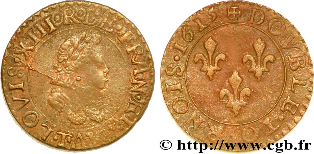 LOUIS XIII LE JUSTE Double tournois, type 2 1615 Nantes TB+/TTB