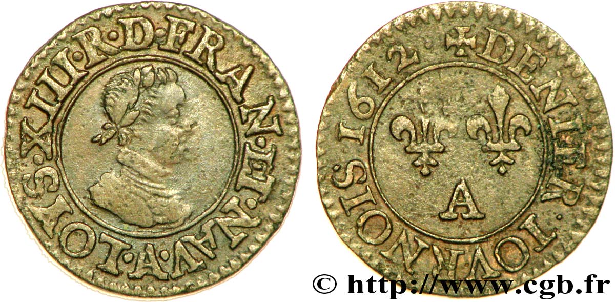 LOUIS XIII  Denier tournois, type 1 de Paris 1612 Paris fVZ/SS