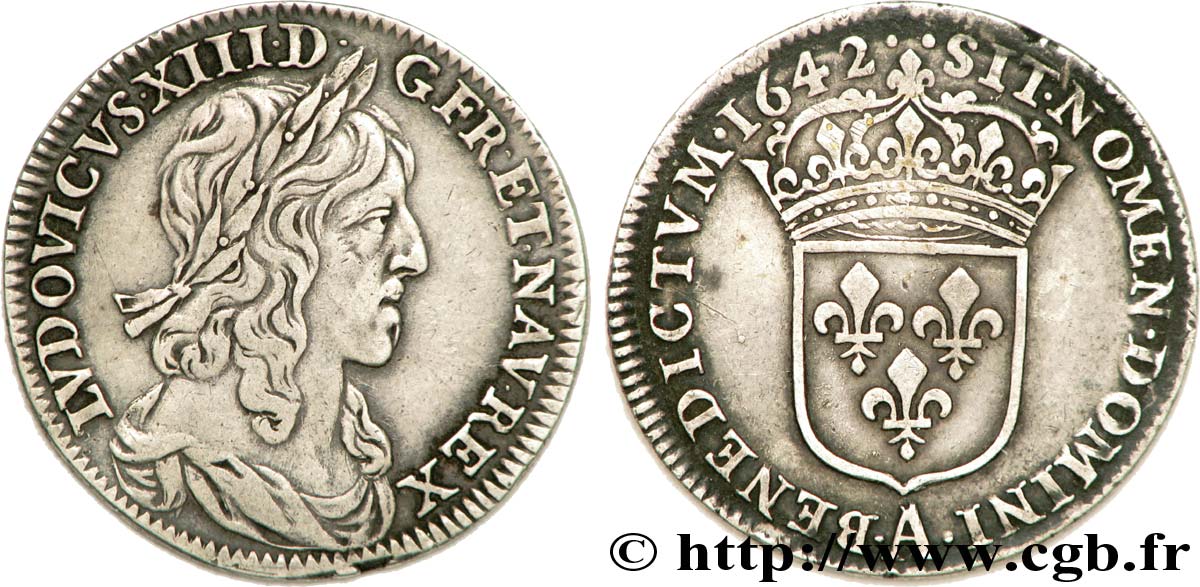LOUIS XIII  Quart d écu, buste drapé (1er buste de Jean Warin) 1642 Paris, Monnaie de Matignon q.SPL/BB