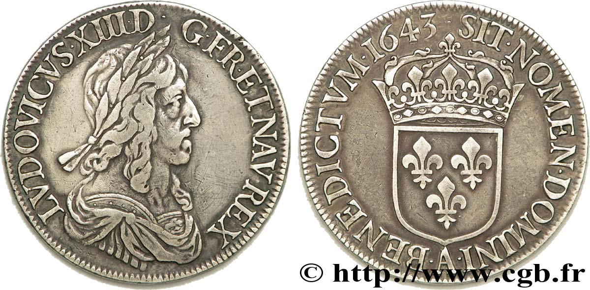 LOUIS XIII LE JUSTE Écu, buste drapé et cuirassé (2e buste de Jean Warin) 1643 Paris, Monnaie du Louvre TB+/TTB