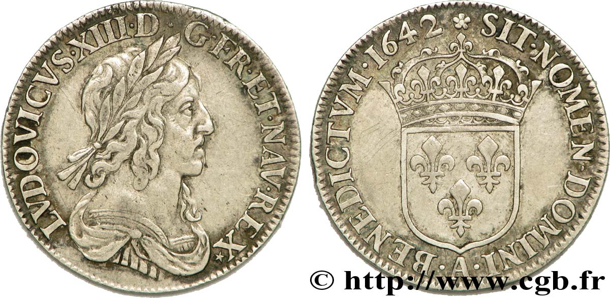 LOUIS XIII LE JUSTE Quart d écu, buste drapé et cuirassé (2e buste de Jean Warin) 1642 Paris, Monnaie de Matignon TTB/TTB+