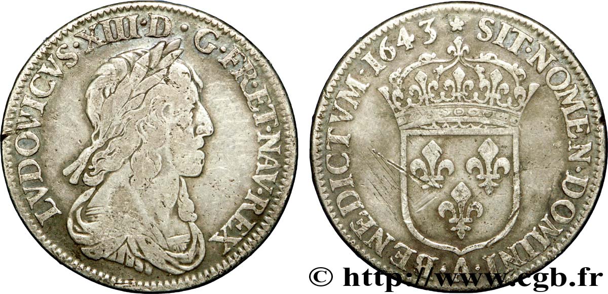 LOUIS XIII  Quart d écu, buste drapé et cuirassé (2e buste de Jean Warin) 1643 Paris, Monnaie de Matignon q.MB/MB