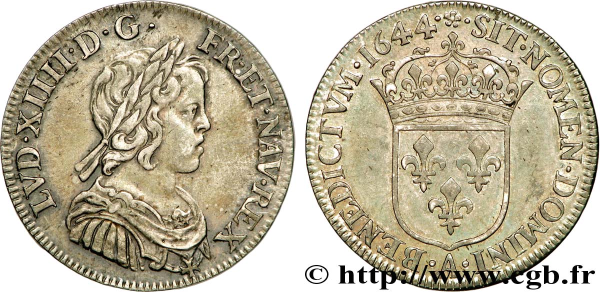 LOUIS XIV  THE SUN KING  Quart d écu à la mèche courte 1644 Paris, Monnaie de Matignon VZ