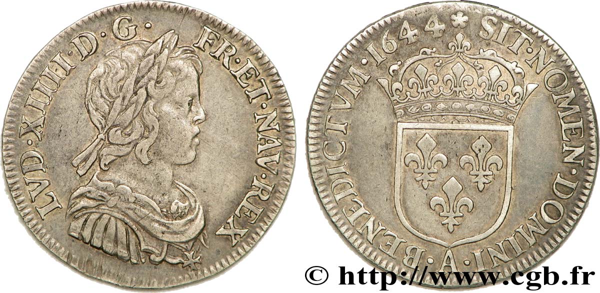 LOUIS XIV  THE SUN KING  Quart d écu à la mèche courte 1644 Paris, Monnaie de Matignon SS