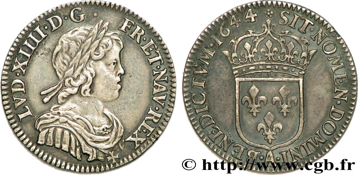 LOUIS XIV  THE SUN KING  Douzième d écu à la mèche courte 1644 Paris, Monnaie de Matignon fVZ/VZ