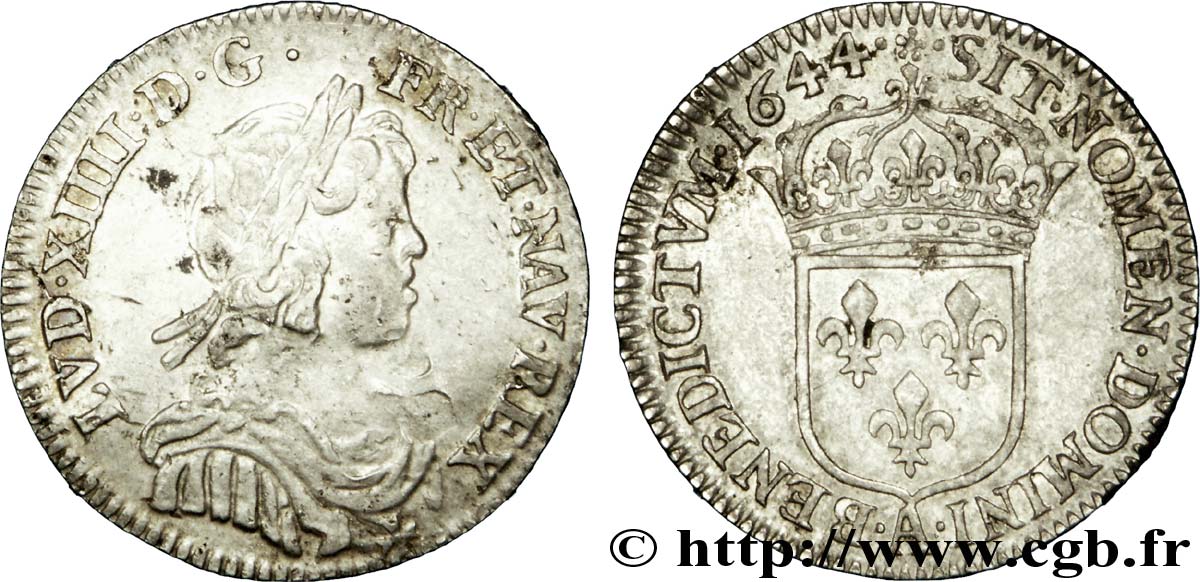 LOUIS XIV &nbsp;THE SUN KING&nbsp; Douzième d&nbsp;écu à la mèche courte 1644 Paris, Monnaie de Matignon fVZ