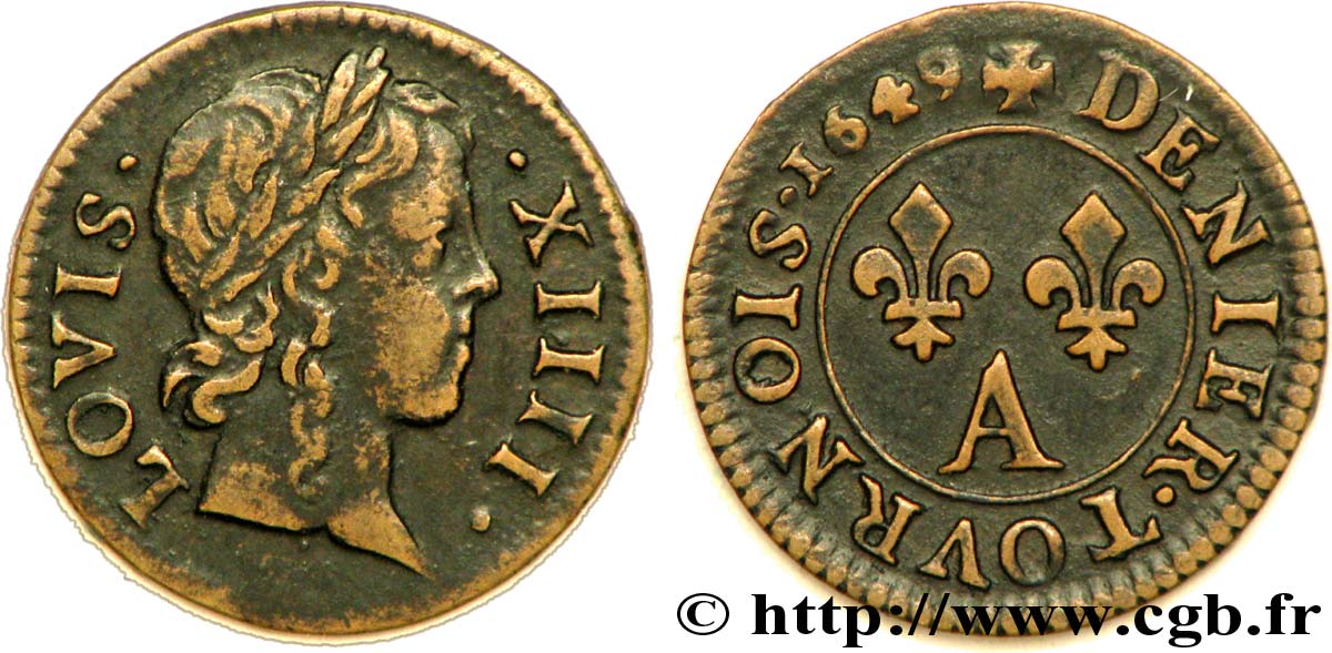 LOUIS XIV LE GRAND OU LE ROI SOLEIL Denier tournois 1649 Paris, Moulin du Louvre TTB/TTB+