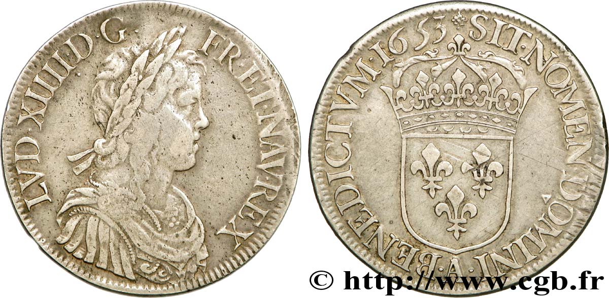 LOUIS XIV &nbsp;THE SUN KING&nbsp; Écu à la mèche longue 1653 Paris fSS/SS