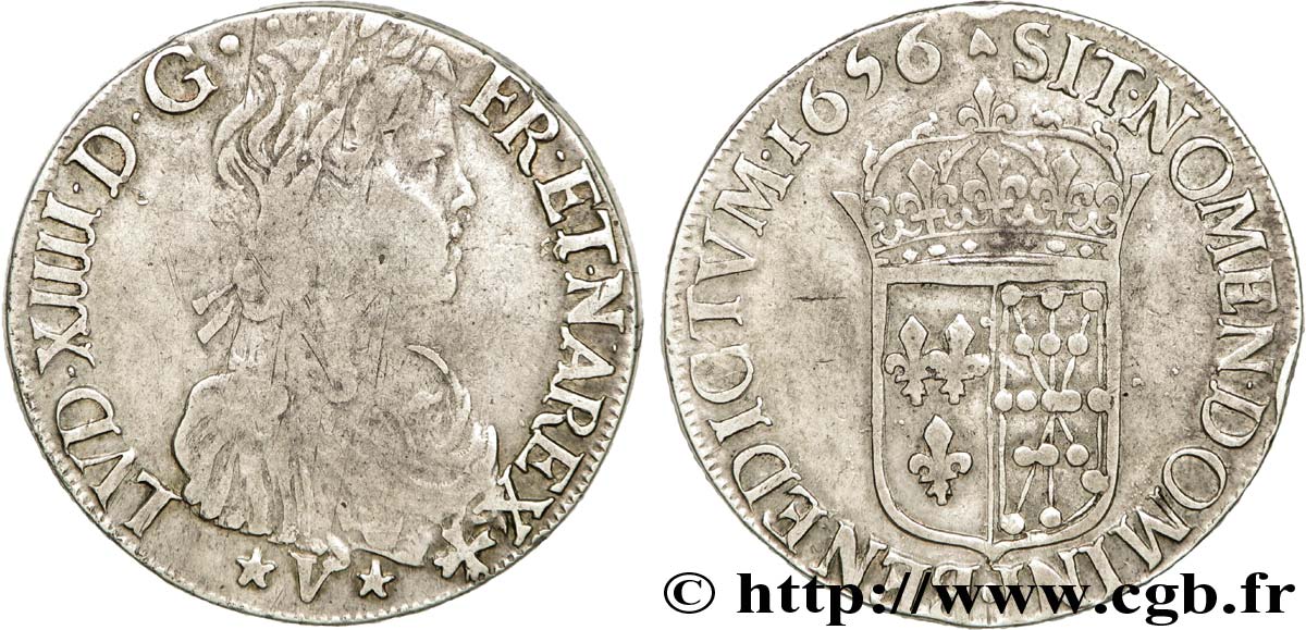 LOUIS XIV  THE SUN KING  Écu de Navarre à la mèche longue 1656 Saint-Palais fSS/SS