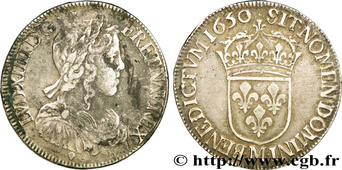 LOUIS XIV  THE SUN KING  Demi-écu à la mèche longue 1650 Toulouse fSS/SS