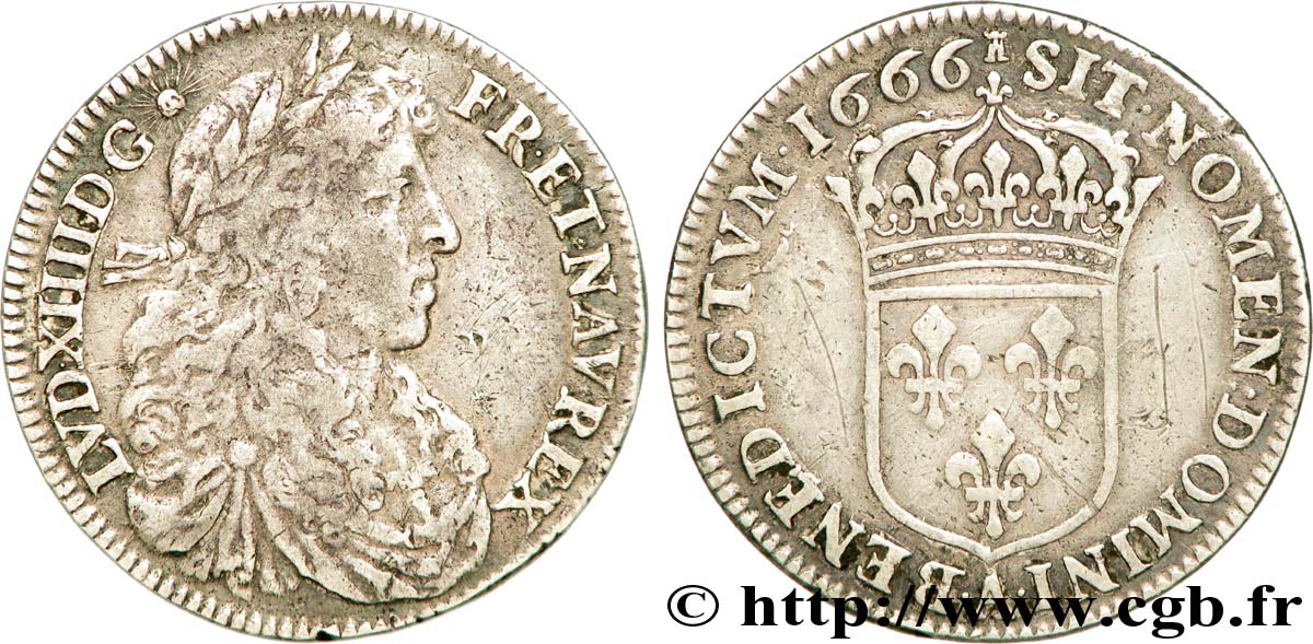 LOUIS XIV  THE SUN KING  Quart d écu au buste juvénile, 2e type 1666 Paris XF