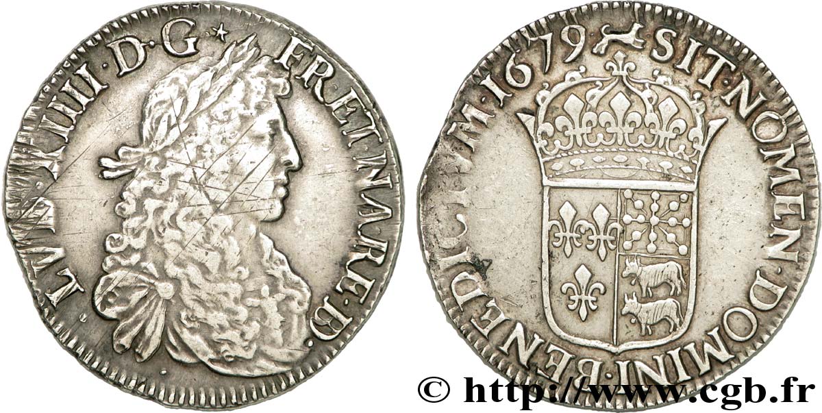 LOUIS XIV &nbsp;THE SUN KING&nbsp; Écu au buste juvénile du Béarn, 2e type 1679 Pau MBC/MBC+