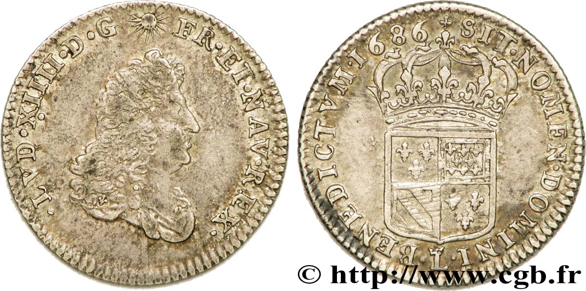 LOUIS XIV  THE SUN KING  Huitième d écu de Flandre, buste étroit 1686 Lille BB