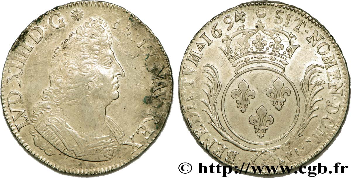 LOUIS XIV LE GRAND OU LE ROI SOLEIL Écu aux palmes 1694 Paris TTB/TTB+