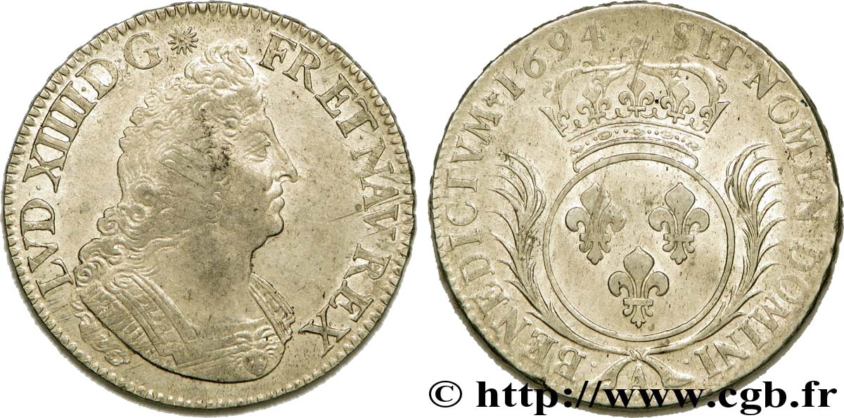 LOUIS XIV LE GRAND OU LE ROI SOLEIL Écu aux palmes 1694 Paris TTB/TTB+