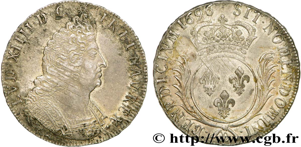 LOUIS XIV  THE SUN KING  Écu aux palmes 1696 Lyon XF/AU