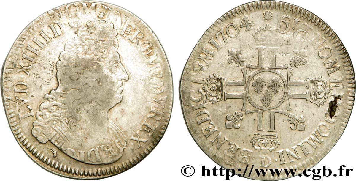 LOUIS XIV  THE SUN KING  Écu aux huit L, 2e type 1704 Lyon VF/XF