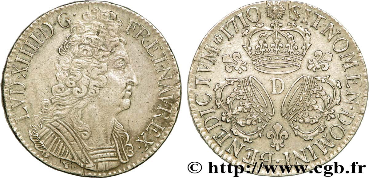 LOUIS XIV  THE SUN KING  Écu aux trois couronnes 1710 Lyon AU/AU