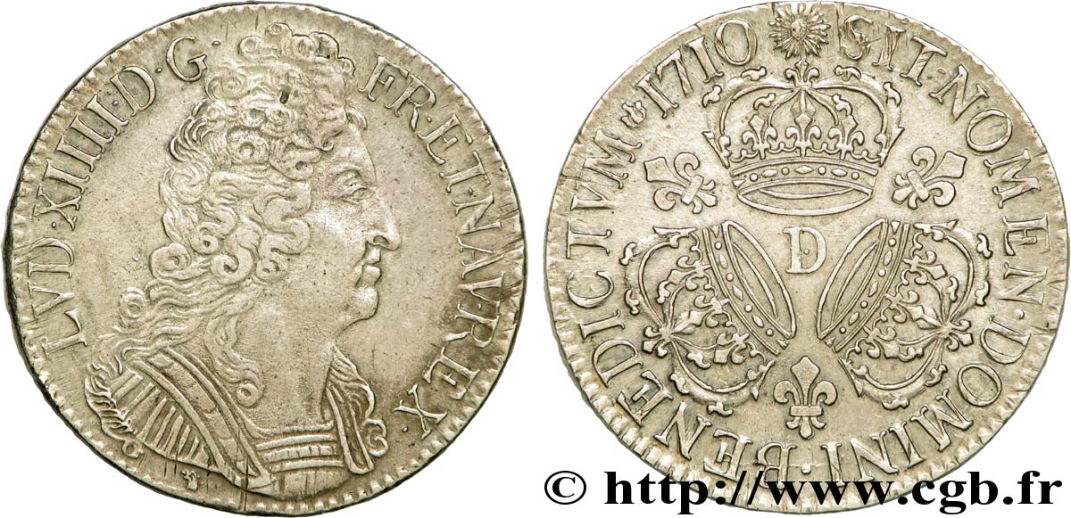 LOUIS XIV  THE SUN KING  Écu aux trois couronnes 1710 Lyon fVZ/VZ