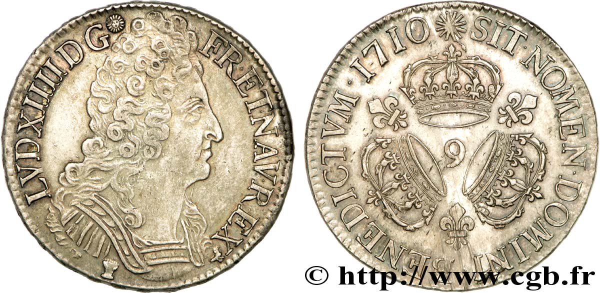 LOUIS XIV LE GRAND OU LE ROI SOLEIL Écu aux trois couronnes 1710 Rennes SUP