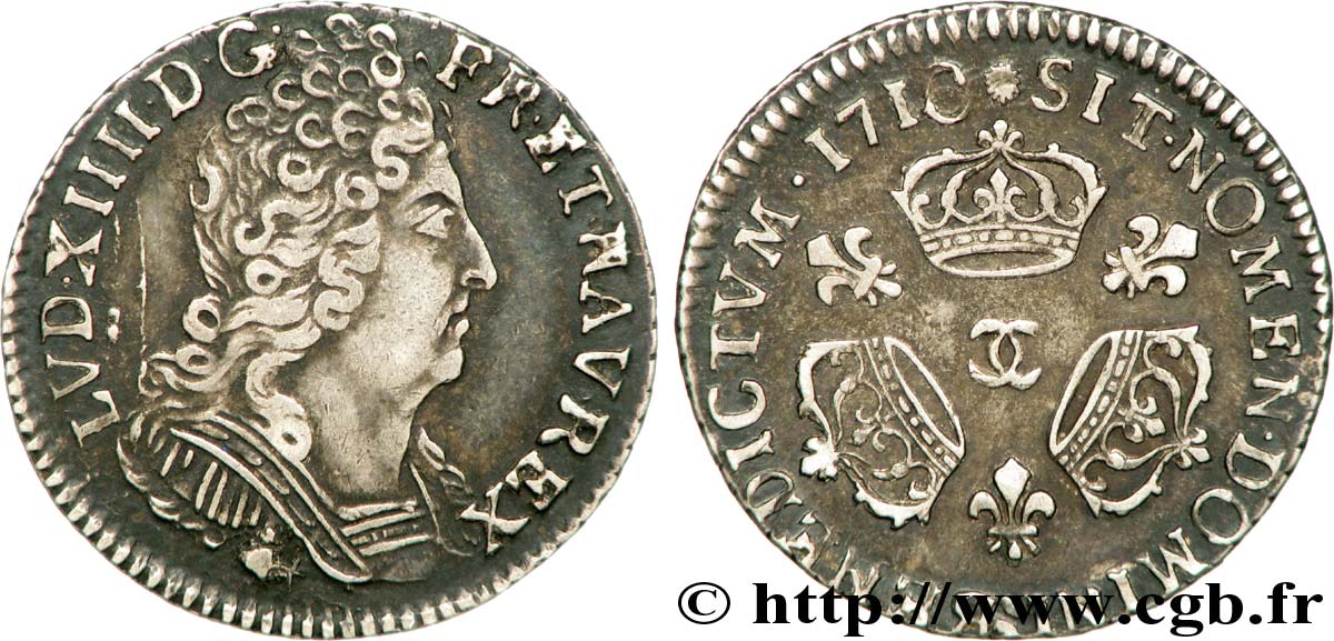 LOUIS XIV  THE SUN KING  Dixième d écu aux trois couronnes 1710 Besançon MBC/MBC+