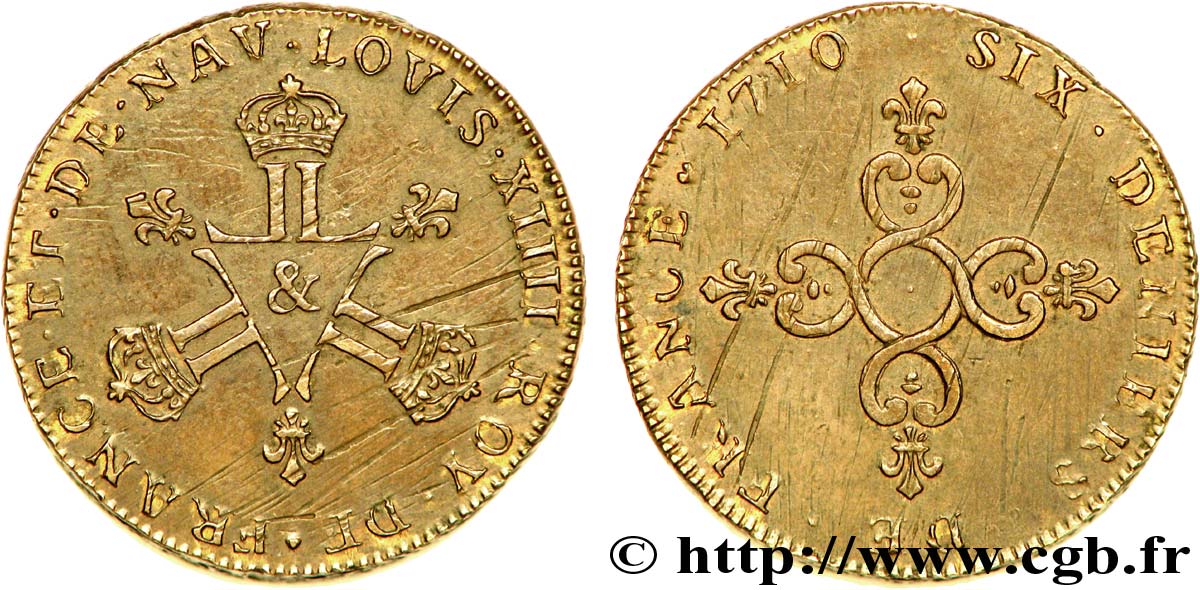 LOUIS XIV LE GRAND OU LE ROI SOLEIL Piéfort de poids quadruple de la pièce de six deniers dite  Dardenne  1710 Dardenne TTB+