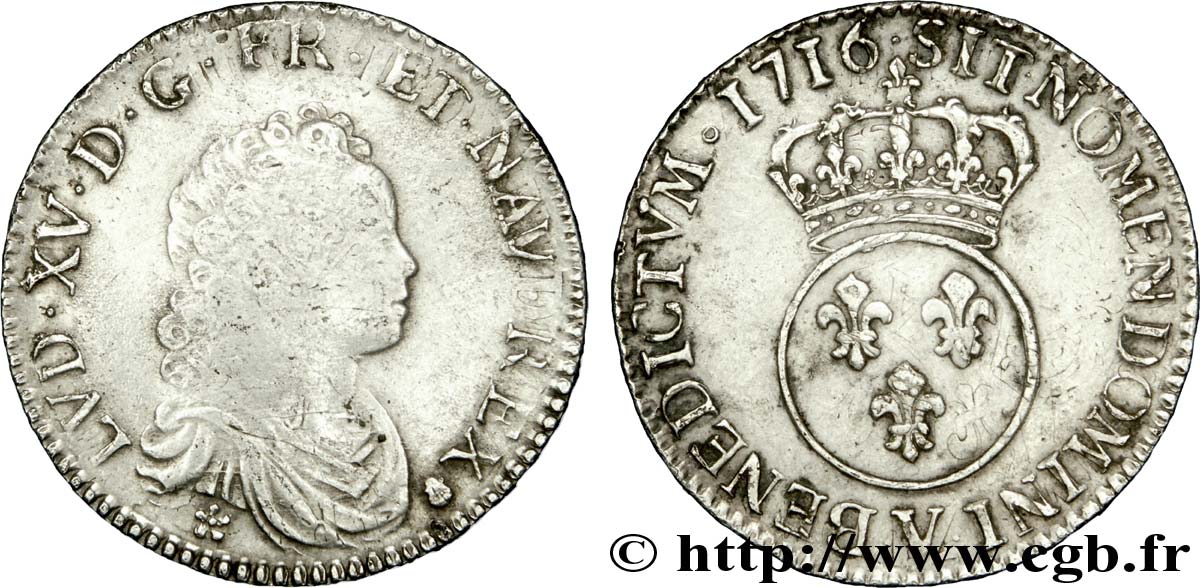 LOUIS XV &nbsp;THE WELL-BELOVED&nbsp; Demi-écu dit &nbsp;vertugadin&nbsp; 1716 Troyes VF/AU