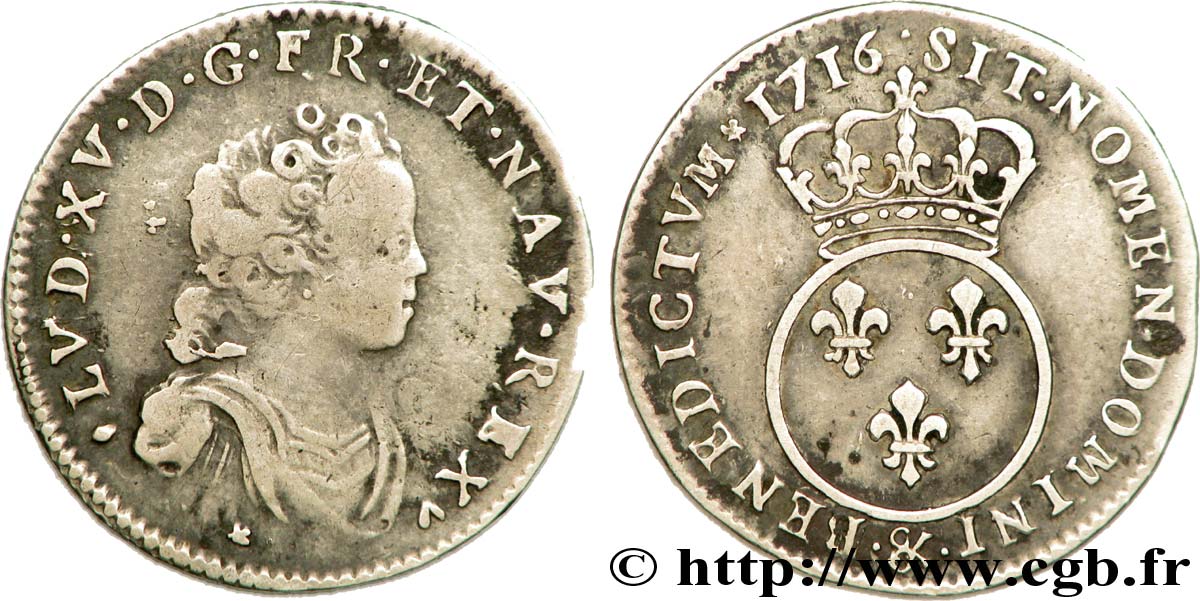 LOUIS XV &nbsp;THE WELL-BELOVED&nbsp; Dixième d&nbsp;écu dit &nbsp;vertugadin&nbsp; 1716 Aix-en-Provence SS