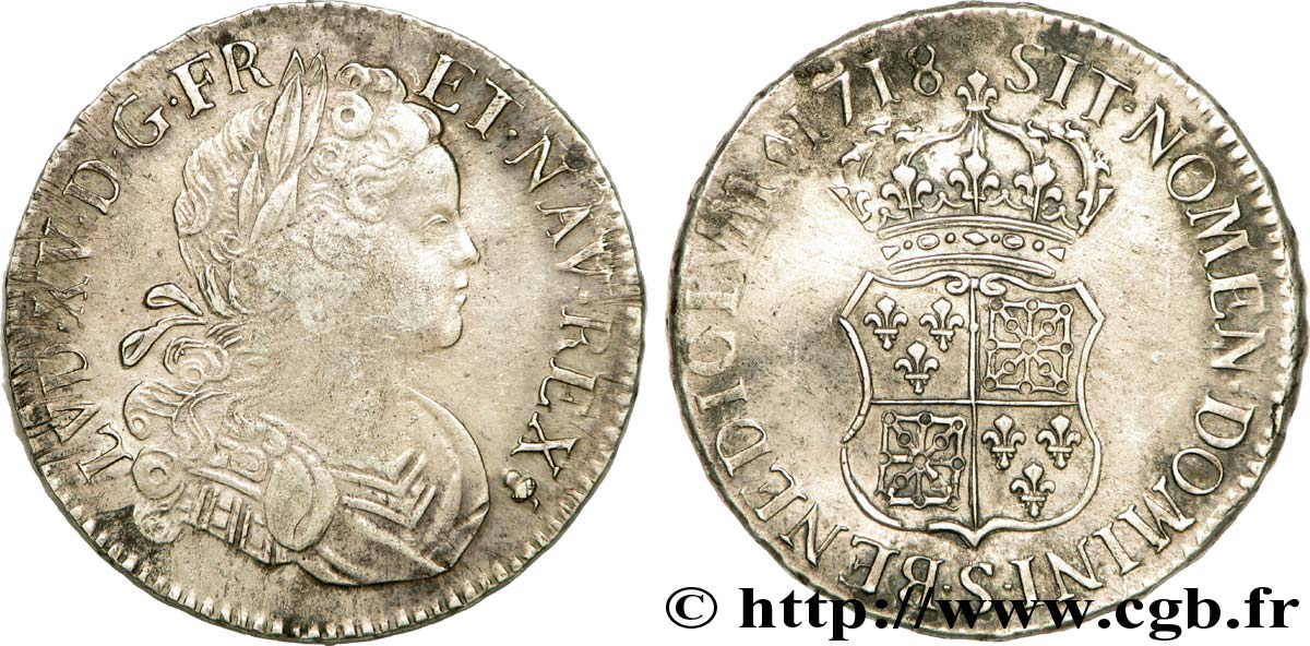 LOUIS XV DIT LE BIEN AIMÉ Écu de Navarre 1718 Reims TTB/TTB+
