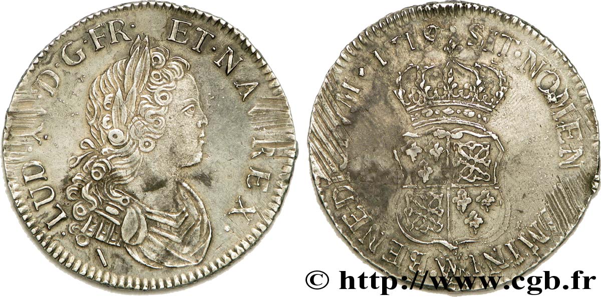 LOUIS XV  THE WELL-BELOVED  Demi-écu de Navarre 1719 Lille XF/VF
