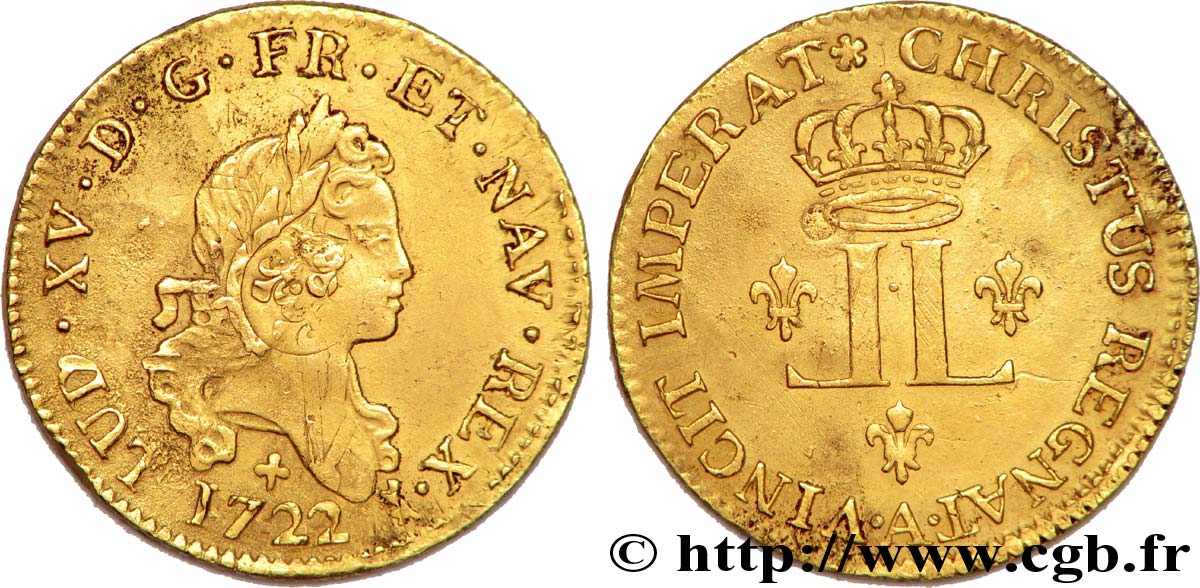 LOUIS XV THE BELOVED Louis d or aux deux L couronnées 1722 Paris XF
