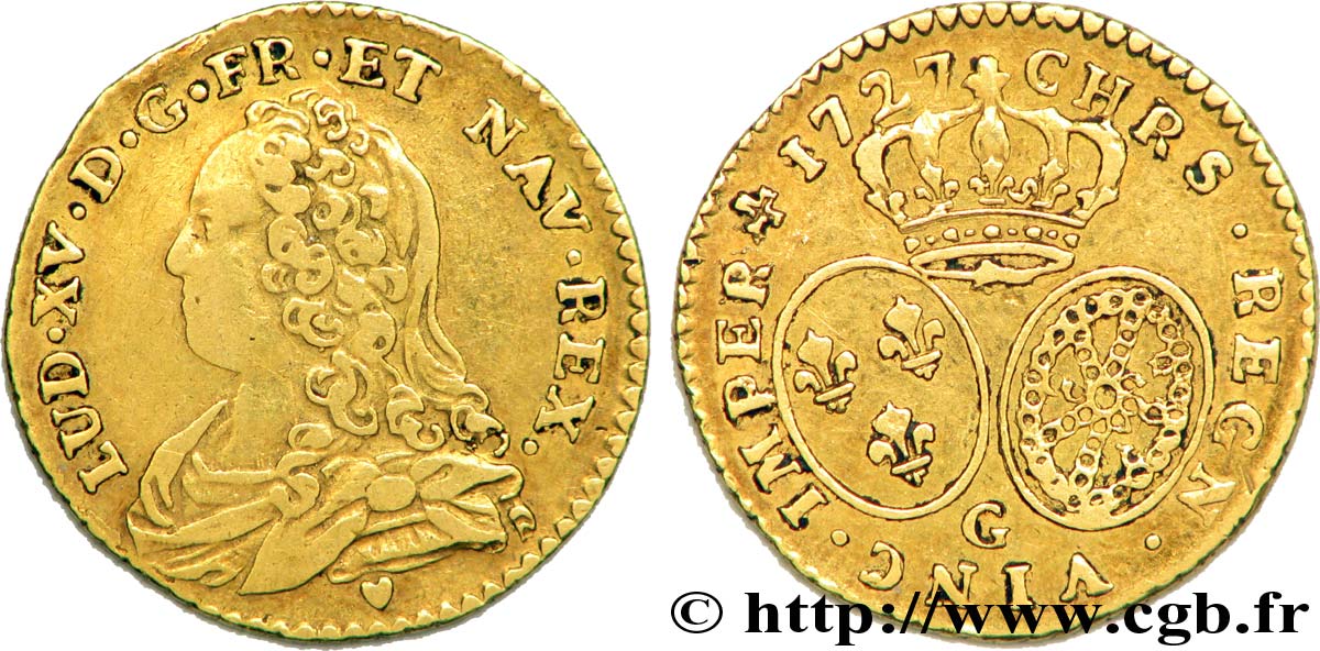 LOUIS XV DIT LE BIEN AIMÉ Demi-louis d&nbsp;or aux écus ovales, buste habillé 1727 Poitiers TTB