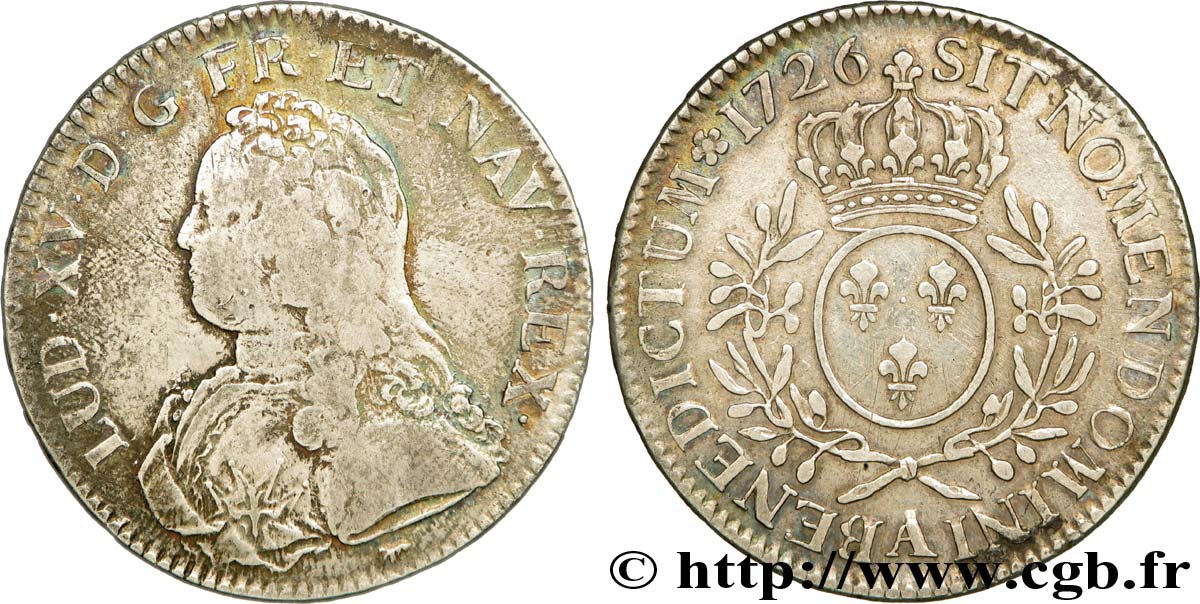 LOUIS XV  THE WELL-BELOVED  Écu aux branches d olivier, buste habillé 1726 Paris BC+/MBC