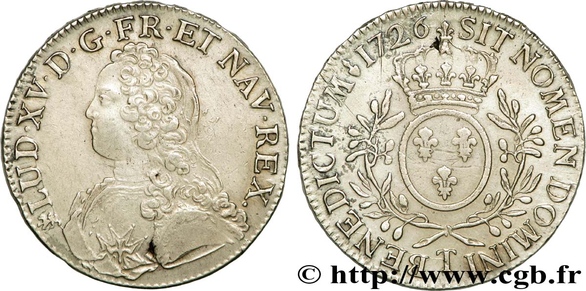 LOUIS XV &nbsp;THE WELL-BELOVED&nbsp; Écu aux branches d&nbsp;olivier, buste habillé 1726 Nantes AU/XF