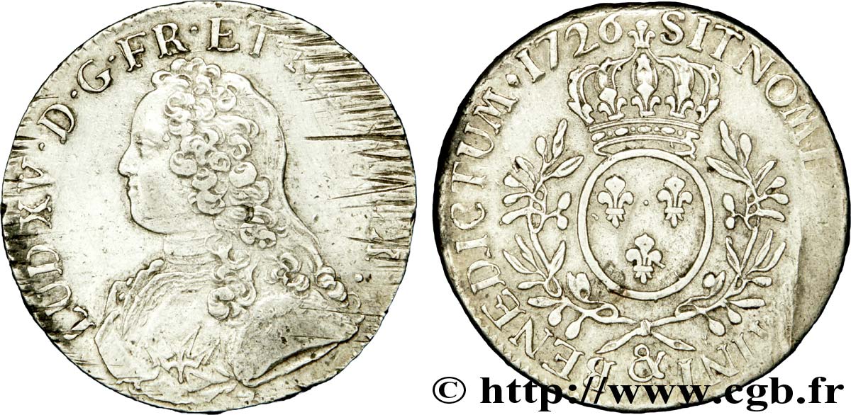 LOUIS XV THE BELOVED Écu aux branches d&nbsp;olivier, buste habillé 1726 Aix-en-Provence XF