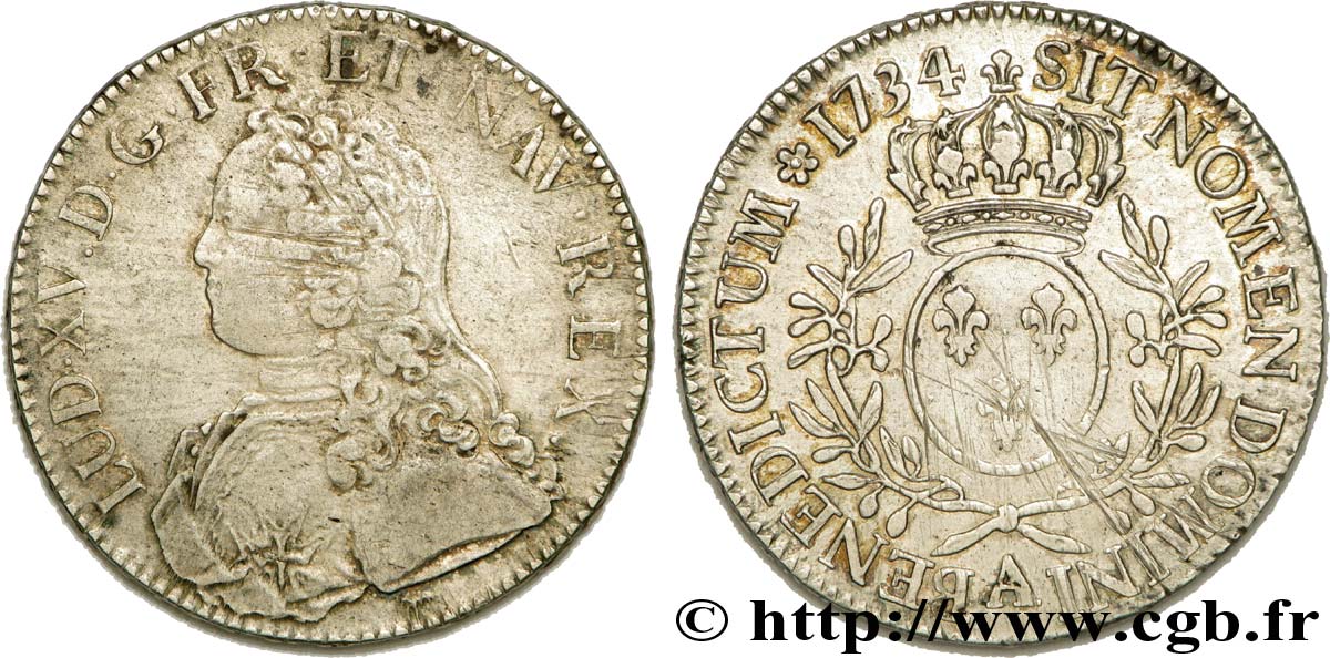 LOUIS XV DIT LE BIEN AIMÉ Écu aux branches d olivier, buste habillé 1734 Paris TB+/TTB