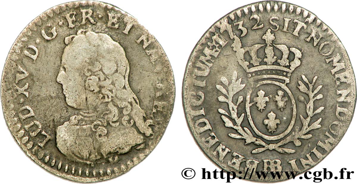 LOUIS XV &nbsp;THE WELL-BELOVED&nbsp; Vingtième d’écu aux branches d’olivier, buste habillé 1732 Strasbourg BC