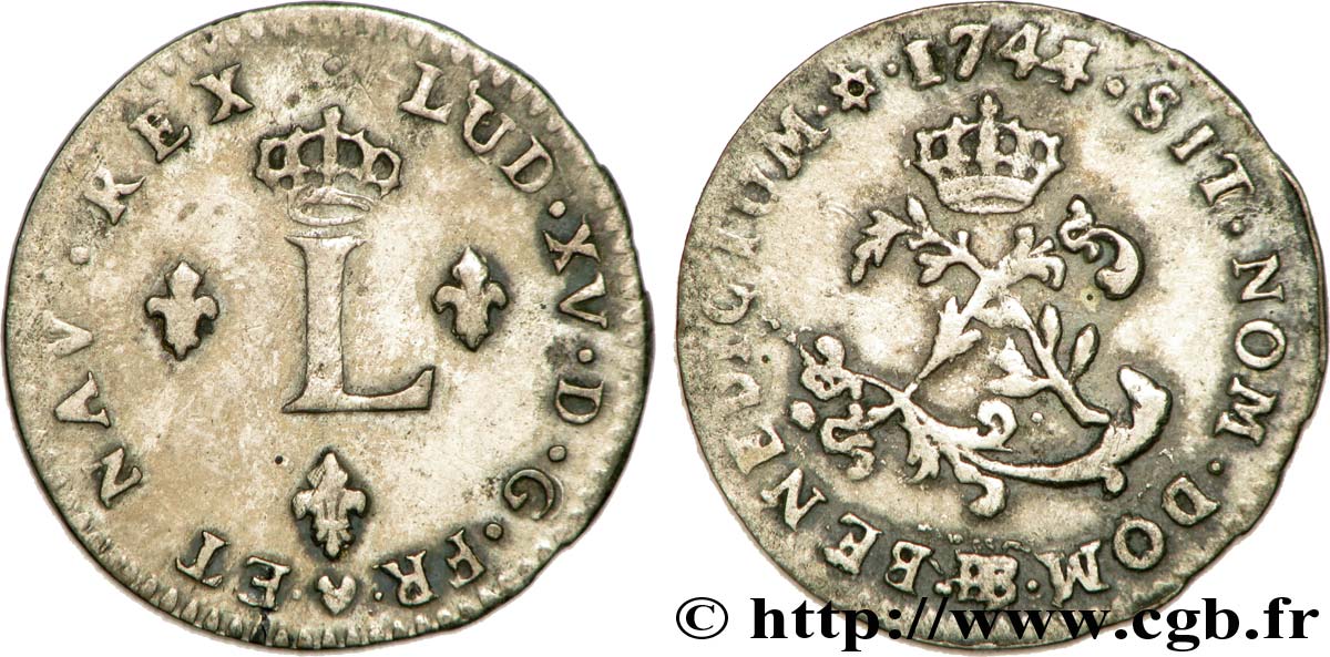 LOUIS XV DIT LE BIEN AIMÉ Double sol de billon 1744 Strasbourg TTB