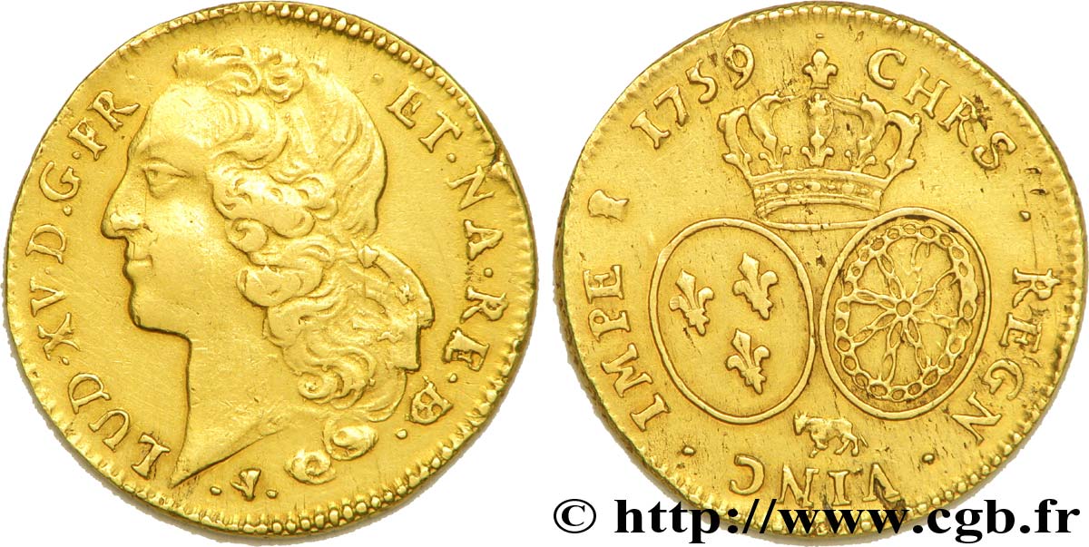 LOUIS XV  THE WELL-BELOVED  Double louis d’or aux écus ovales, tête ceinte d’un bandeau 1759 Pau MBC+