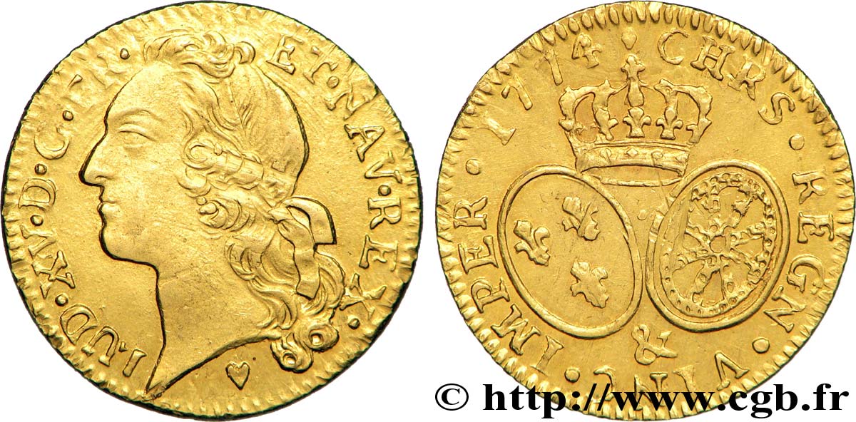 LOUIS XV THE BELOVED Louis d’or aux écus ovales, tête ceinte d’un bandeau 1774 Aix-en-Provence AU