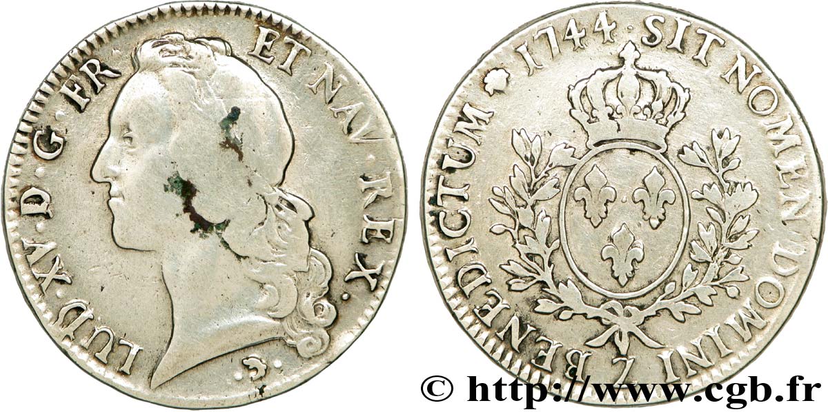 LOUIS XV THE BELOVED Écu dit  au bandeau  1744 Grenoble VF