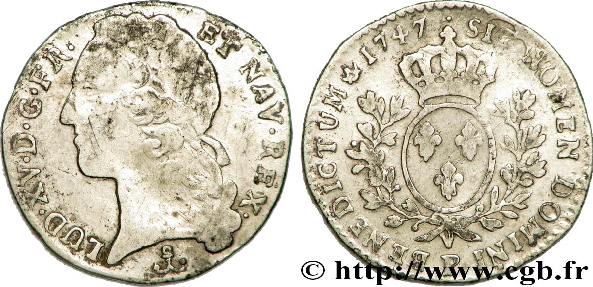 LOUIS XV DIT LE BIEN AIMÉ Dixième d écu aux branches d’olivier, tête ceinte d’un bandeau 1747 Dijon TTB