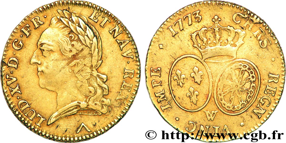 LOUIS XV DIT LE BIEN AIMÉ Double louis d&nbsp;or aux écus ovales, buste lauré 1773 Lille TTB